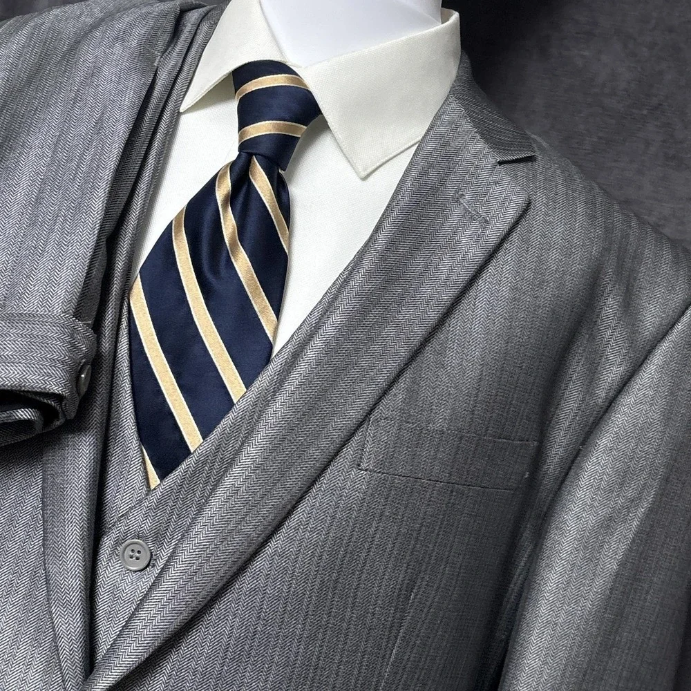 Tessori Suit 44L 43x36 Silver Herringbone 3 Piece Handmade Custom Italy Tall